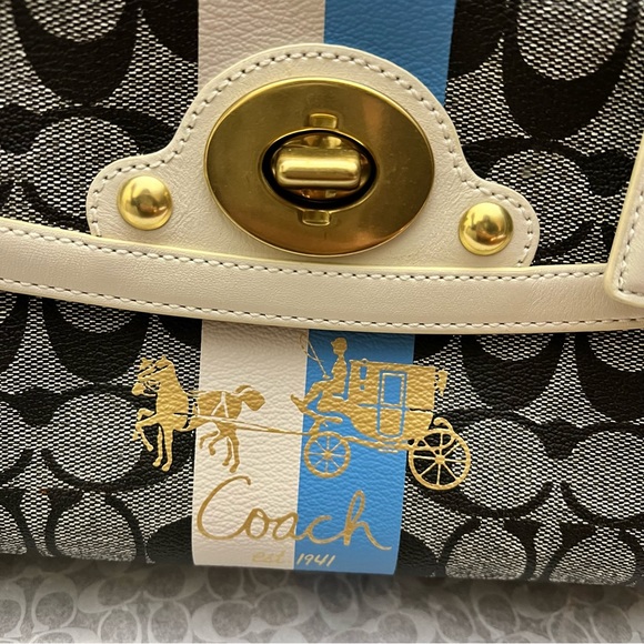 RARE- Coach Monogram Leather Gold Trim Satchel Purse Designer Heritage Handbag - Picture 3 of 16